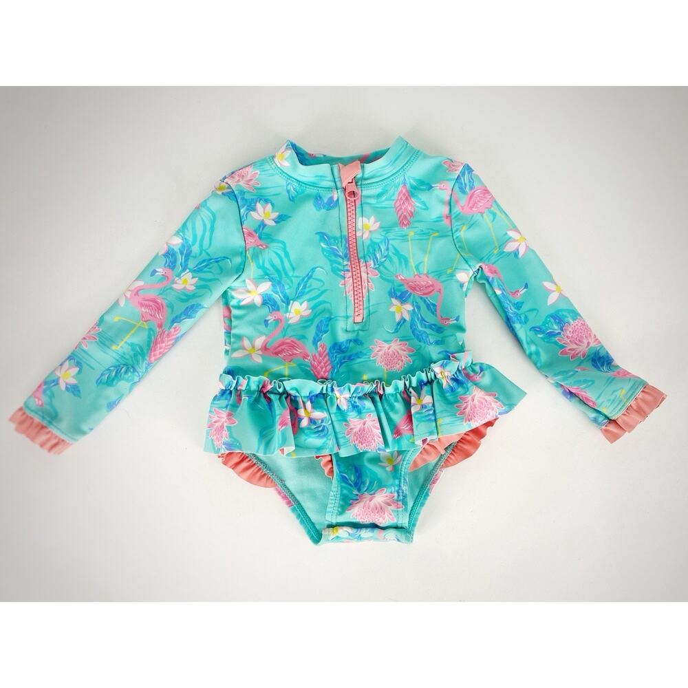 Tommy Bahama Baby One Piece Bathing Suit Long Sleeve Sz 12M Flamingo Bow Ruffles